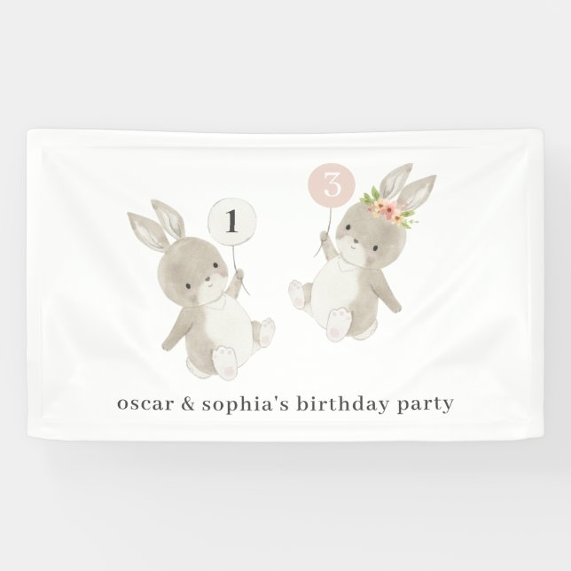 Bunny Boy Girl Joint Birthday Invitation Banner (Horizontal)