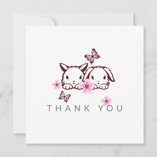 Bunny Butterfly Cherry Blossom Thank You Card (Front)