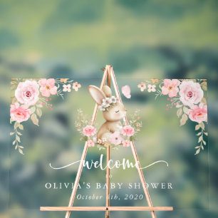Bunny, Butterfly, Flowers, Baby Shower Welcome Acrylic Sign
