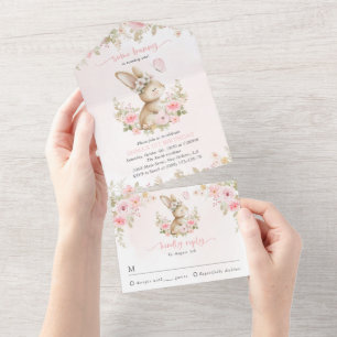 Bunny, Butterfly, Pink Flowers, First Birthday All In One Invitation