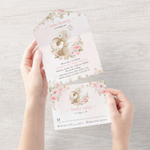 Bunny, Butterfly, Pink Flowers, First Birthday All In One Invitation