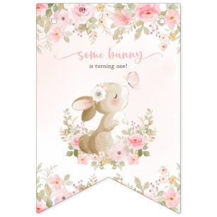 Bunny, Butterfly, Pink Flowers, First Birthday Bunting Flags