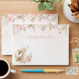Bunny, Butterfly, Pink Flowers, First Birthday Envelope