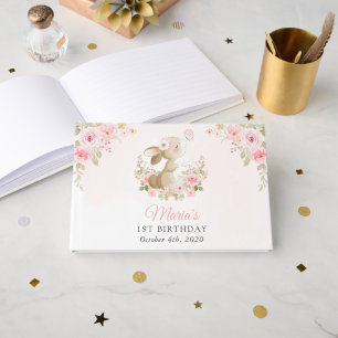 Bunny, Butterfly, Pink Flowers, First Birthday Guest Book