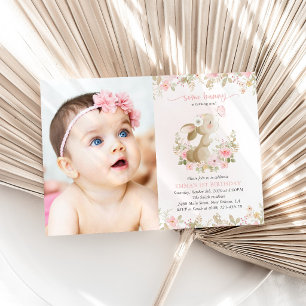 Bunny, Butterfly, Pink Flowers, First Birthday Invitation