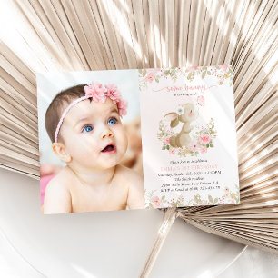 Bunny, Butterfly, Pink Flowers, First Birthday Invitation