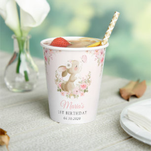 Bunny, Butterfly, Pink Flowers, First Birthday Paper Cups