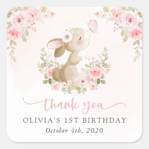 Bunny, Butterfly, Pink Flowers, First Birthday Square Sticker