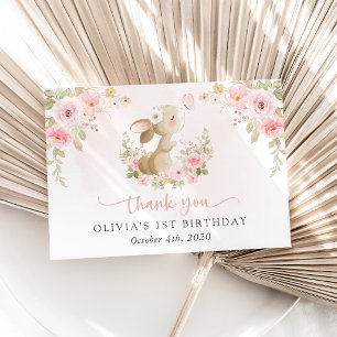 Bunny, Butterfly, Pink Flowers, First Birthday Thank You Card
