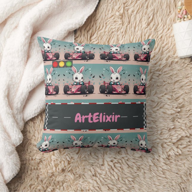 Bunny Car Racer Throw Pillow (Blanket)