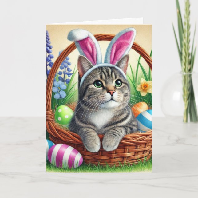 Bunny Cat Kids Pâques Carte de voeux (Devant)