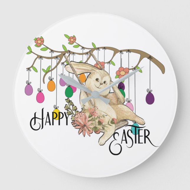 Bunny Celebrates Easter Day Large Clock (Front)