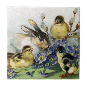 Bunny, Chicks and Primroses Vintage Easter Tile