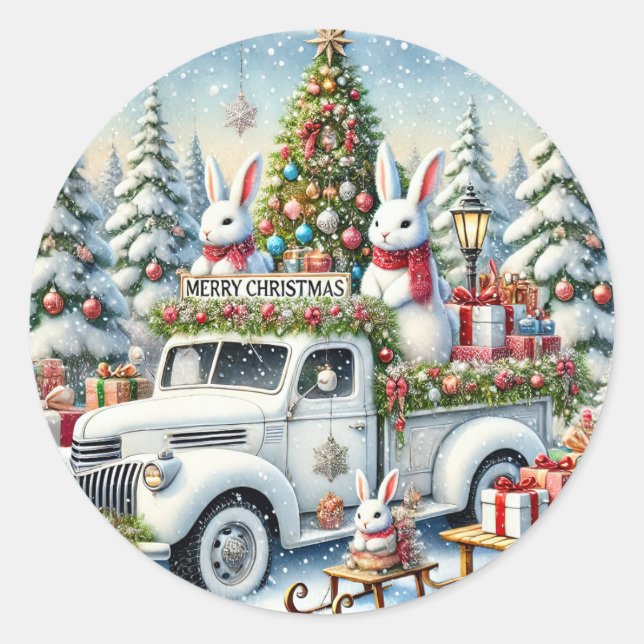 Bunny Christmas Tree | Decorated Holiday Tree with Classic Round Sticker (Front)