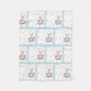 Bunny Clouds & Raindrops -Blue Fleece Blanket