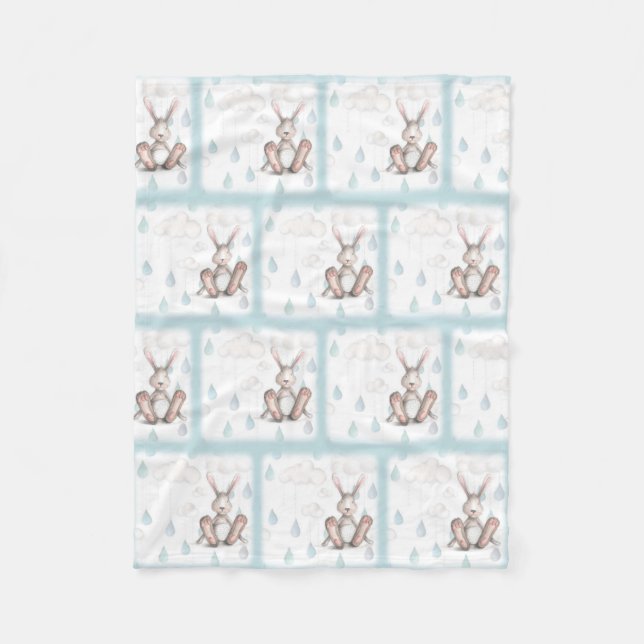 Bunny Clouds & Raindrops -Blue Fleece Blanket (Front)