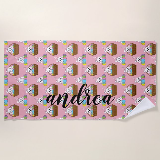 Bunny Colourful Easter EggHunt Basket | Personaliz Beach Towel (Front)