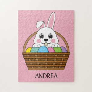 Bunny Colourful Easter EggHunt Basket   Personaliz Jigsaw Puzzle