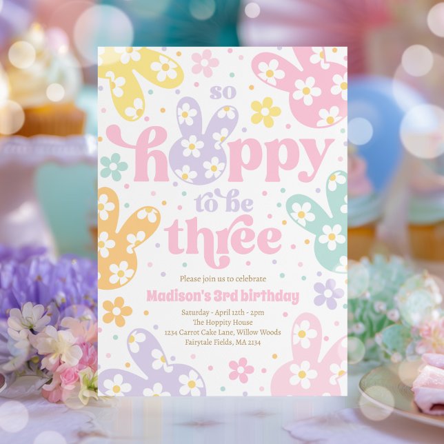 Bunny Daisy Floral Pastel Spring 3rd Birthday Invitation (Creator Uploaded)