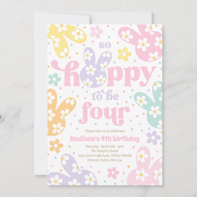 Bunny Daisy Floral Pastel Spring 4th Birthday Invitation (Front)