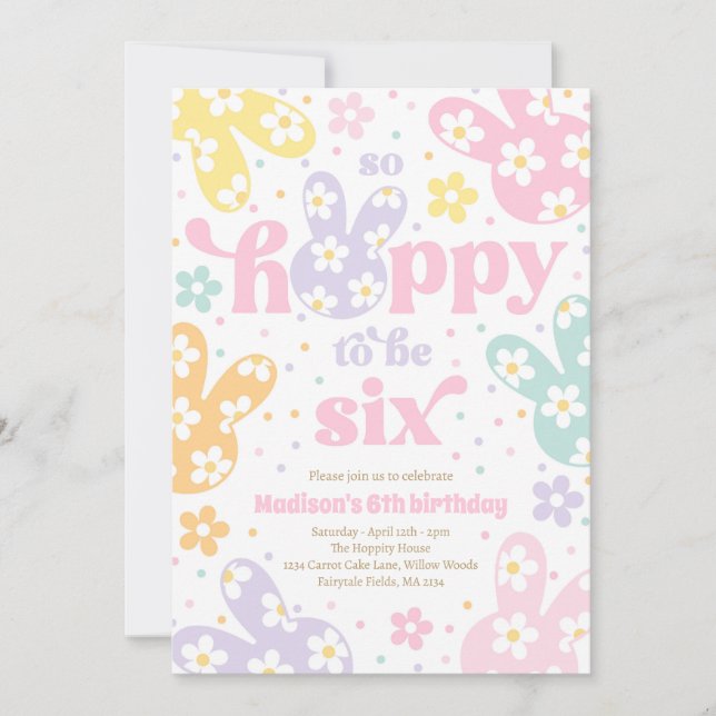 Bunny Daisy Floral Pastel Spring 6th Birthday Invitation (Front)