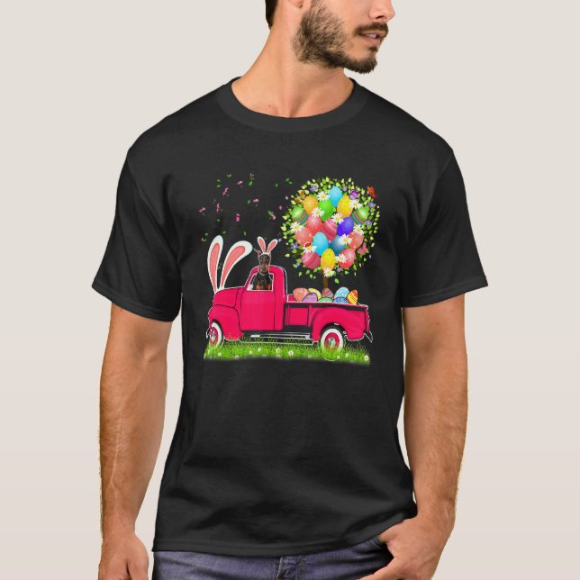 Bunny Doberman Happy Easter Eggs Tree T-Shirt (Front)