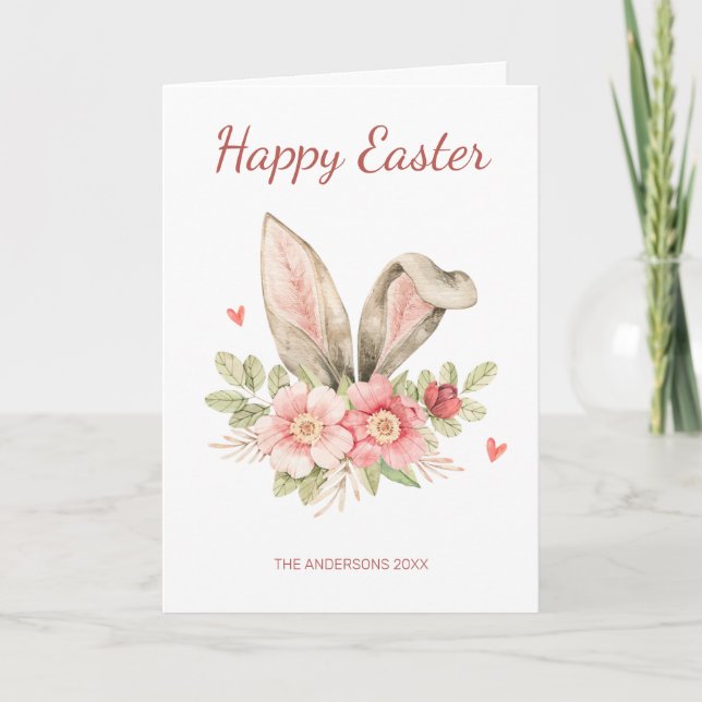 Bunny Ears And Flowers Happy Easter Holiday Card (Front)