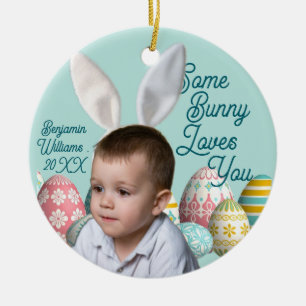 Bunny Ears Boy Photo Customize Blue  Ceramic Ornament