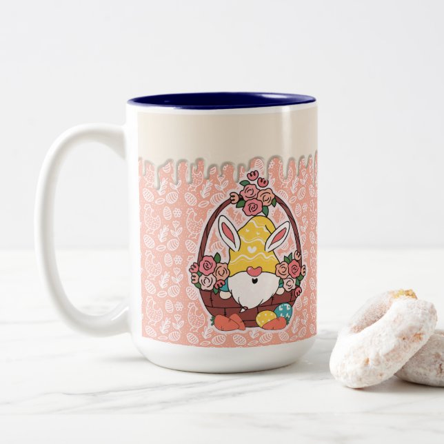 Bunny Ears Easter Gnome Two-Tone Coffee Mug (With Donut)