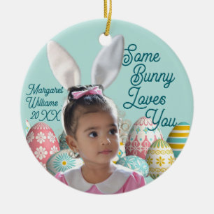 Bunny Ears Girl Photo Customize Blue  Ceramic Ornament