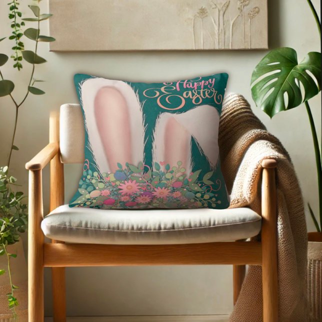 Bunny Ears Pretty Floral Happy Easter Throw Pillow (Creator Uploaded)