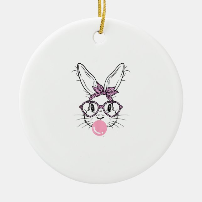 Bunny Face Leopard Glasses Bubble Gum Easter Day G Ceramic Ornament (Front)