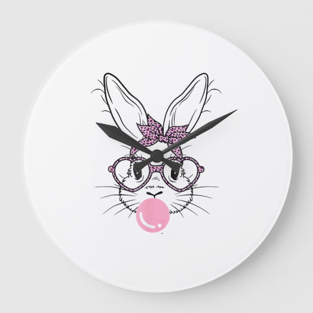 Bunny Face Leopard Glasses Bubble Gum Easter Day G Large Clock (Front)