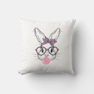 Bunny Face Leopard Glasses Bubble Gum Easter Day G Throw Pillow