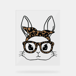 Bunny Face Leopard Glasses Easter Day Girls Kids Acrylic Sign