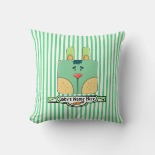 Bunny Face on Stripes - Green (Personalized) Throw Pillow