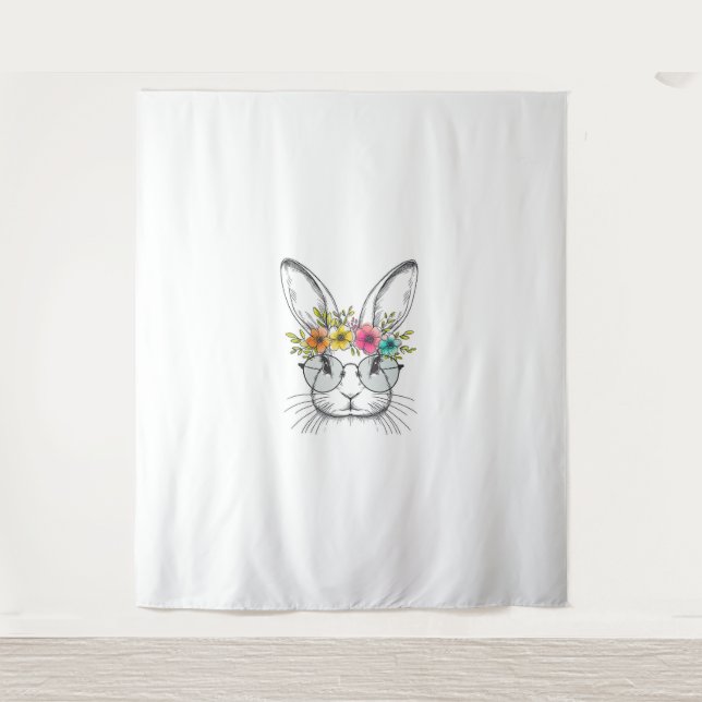 Bunny Face With Cute Easter Rabbit Floral Glasses  Tapestry (Front)