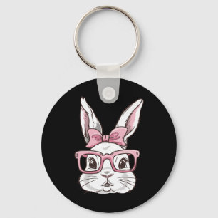 Bunny Face With Pink Sungles Bow Tie Easter Day Gi Keychain