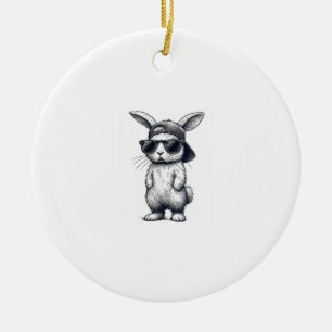Bunny Face with Sunglasses Cap Easter Day for Boys Ceramic Ornament
