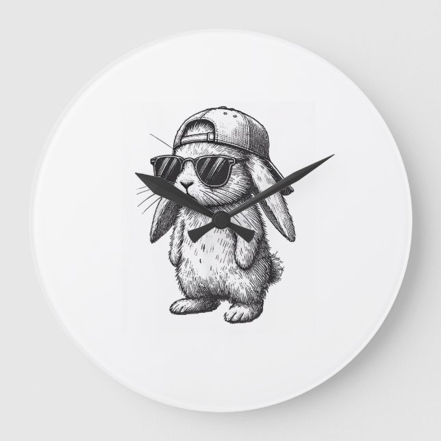 Bunny Face With Sunglasses Cap Easter Day for Boys Large Clock (Front)