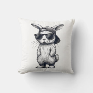 Bunny Face with Sunglasses Cap Easter Day for Boys Throw Pillow