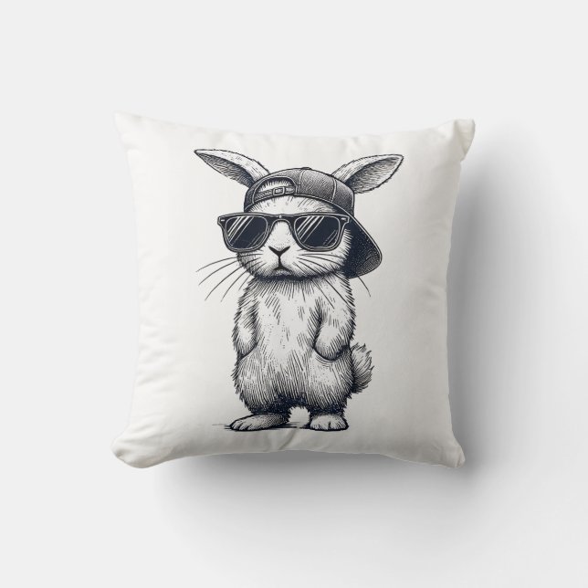 Bunny Face with Sunglasses Cap Easter Day for Boys Throw Pillow (Front)