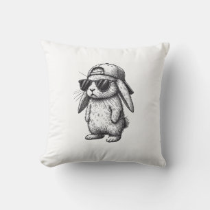 Bunny Face With Sunglasses Cap Easter Day for Boys Throw Pillow