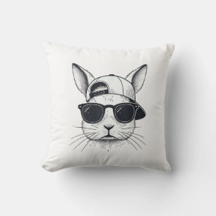 Bunny Face with Sunglasses Cap Easter Day for Boys Throw Pillow