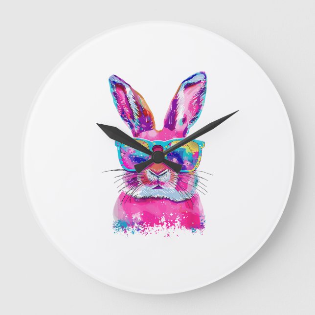 Bunny Face with Tie Dye Glasses Happy Easter Day M Large Clock (Front)