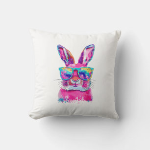 Bunny Face with Tie Dye Glasses Happy Easter Day M Throw Pillow