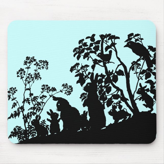 Bunny Family Silhouette Nature Scene Vintage Woods Mouse Pad (Front)