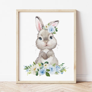 Bunny, Farm Animals, Blue Flowers, Boy Nursery Photo Print