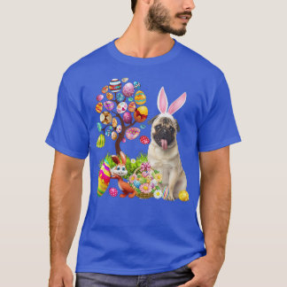 Bunny Fawn Pug Dog Happy Easter Eggs Tree  T-Shirt