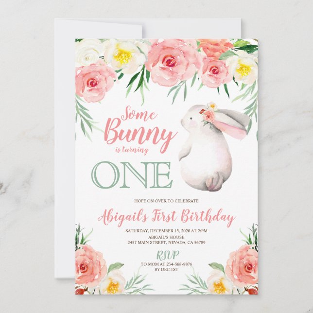 Bunny first birthday invitation girls floral (Front)